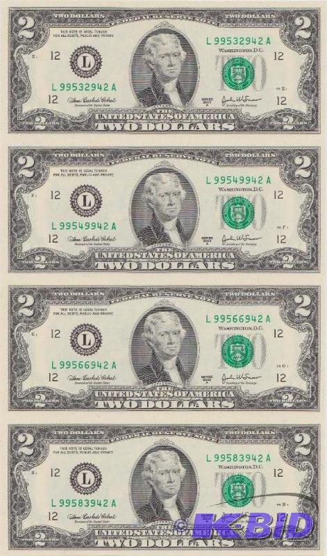 Uncut Sheet of 4 $2.00 Bills