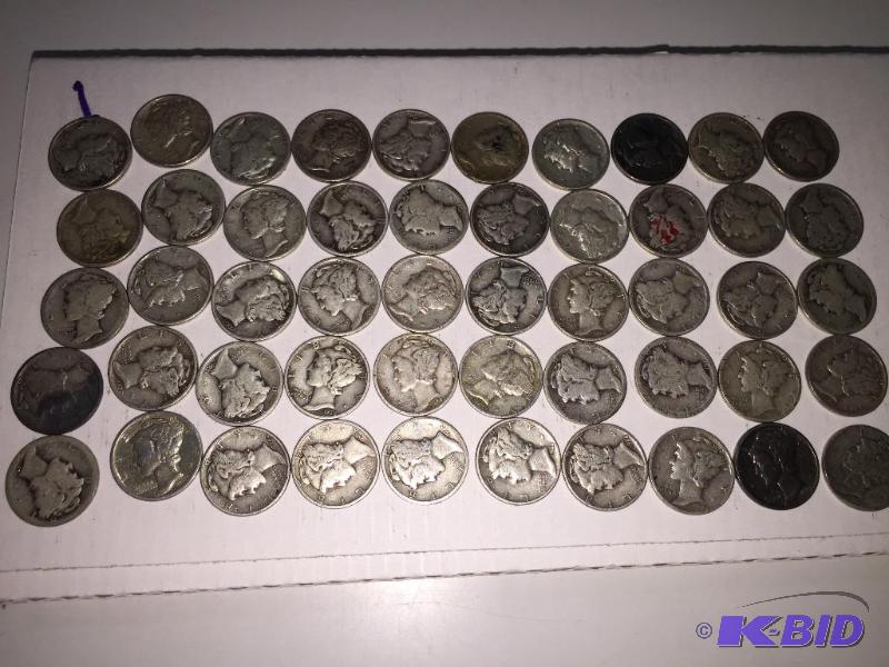Mercury dimes with various dates, qty 50, 90%...