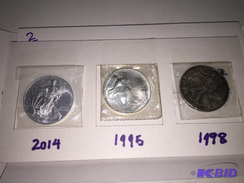 Silver Eagles, qty 3, 1 oz, .999 fine silver,...