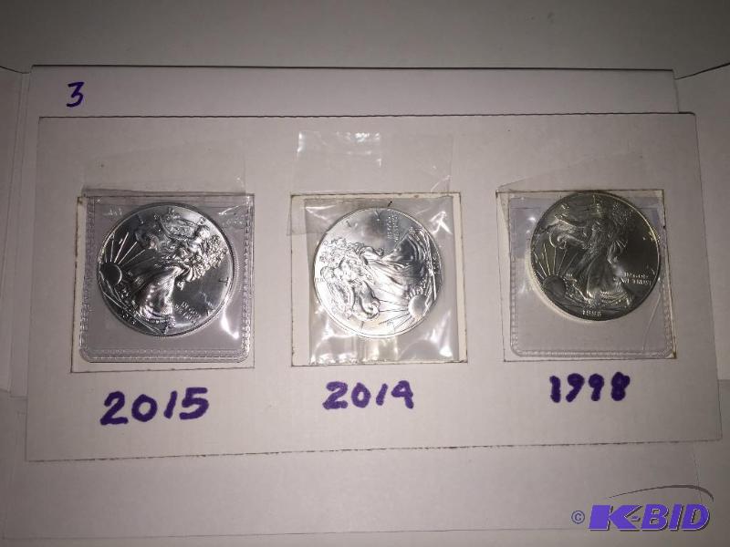 Silver Eagles, qty 3, 1 oz, .999 fine silver,...