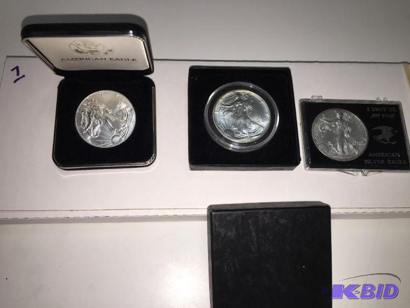 Silver Eagles, qty 3, 1 oz, .999 fine silver,...