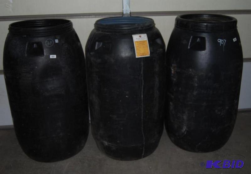 lot 23 image: Lot of three 58 gallon HD Plastic Barrels, on...