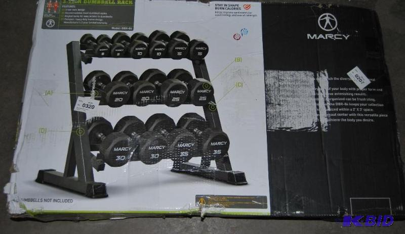 lot 33 image: Marcy Deluxe 3 Tier Dumbell Rack, missing bol...