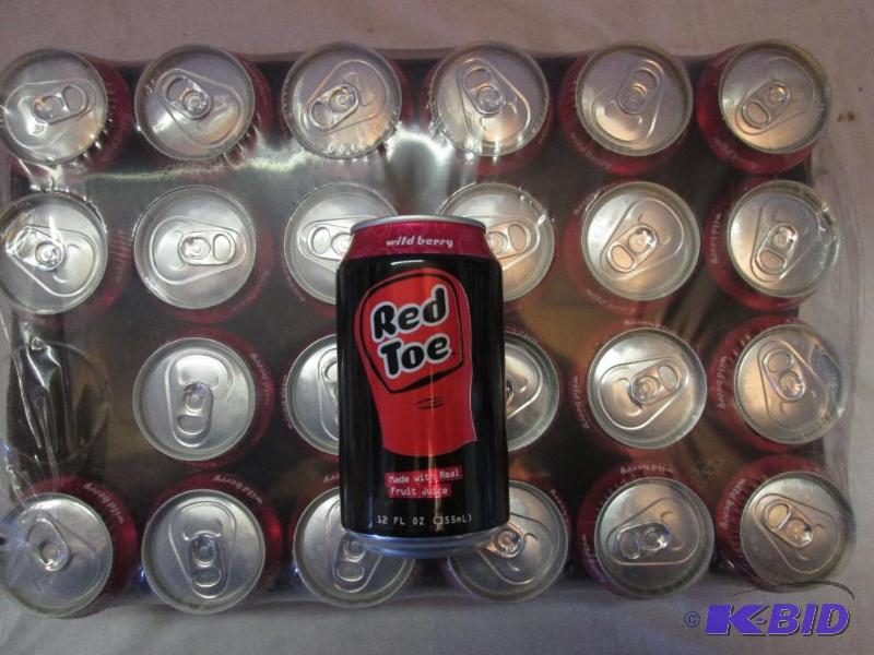 lot 130 image: Flat of 24 cans of Red Toe wild berry soda wi...