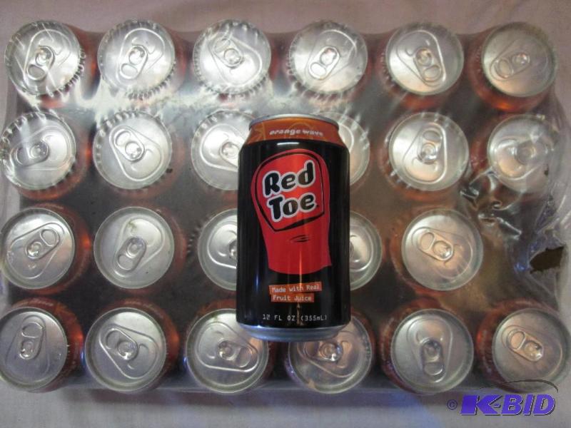 lot 141 image: Flat of 24 cans of Red Toe orange wave soda w...