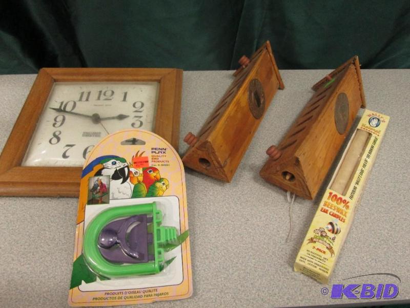ear candles, clock, bird stand, wooden boxes...