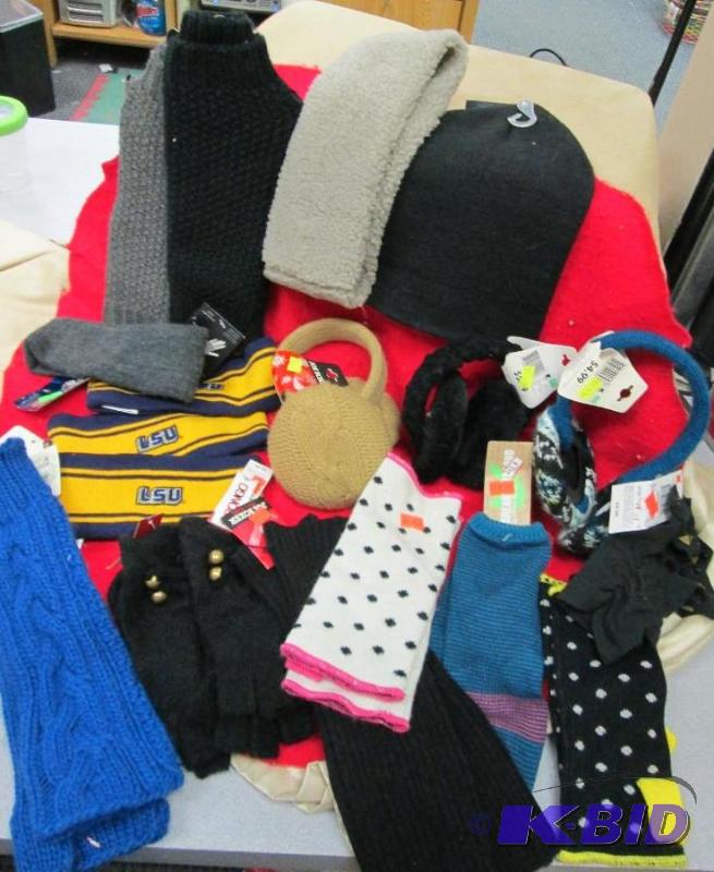 Assortment of winter ear muffs, arm warmers, ...