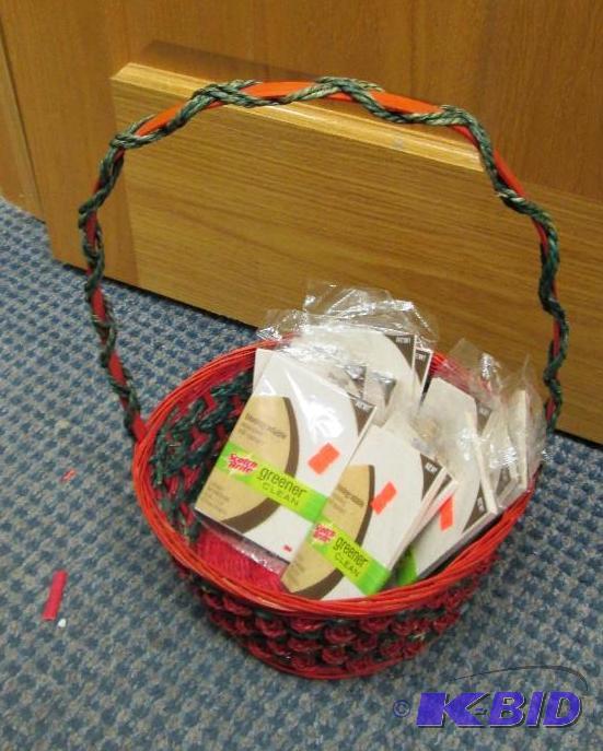 Red and green basket with 11 Scotch brite gre...
