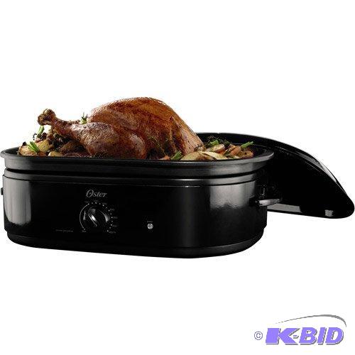 lot 19 image: Oster Large 24 Pound Turkey Oven Roaster Black w Extra Deep Dome Lid
