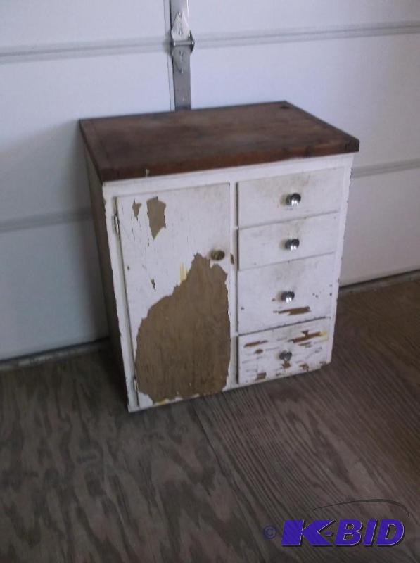 lot 115 image: Vintage butcher block top cabinet measuring 2...