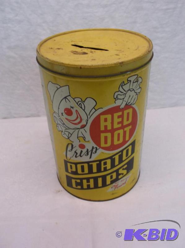 lot 119 image: Vintage Red Dot potato chip can has slot cut ...