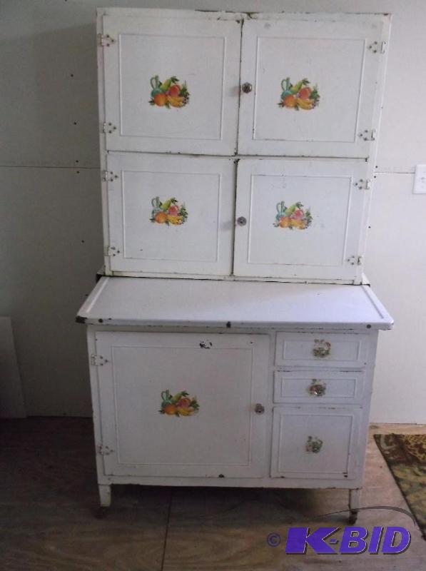 lot 154 image: Antique metal hoosier cabinet with enameled t...