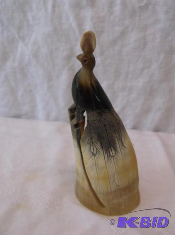lot 55 image: Beautiful peacock bull horn carving absolutel...