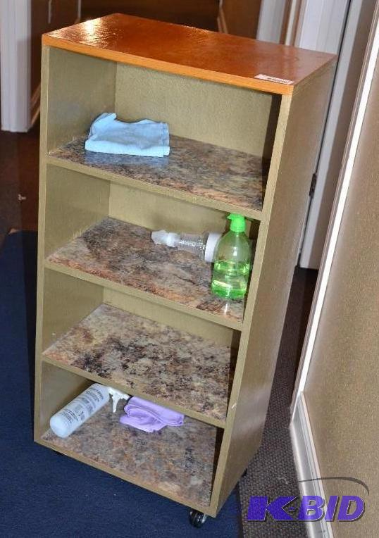 lot 50 image: Wood shelving 48x16x12" Items on shelves...