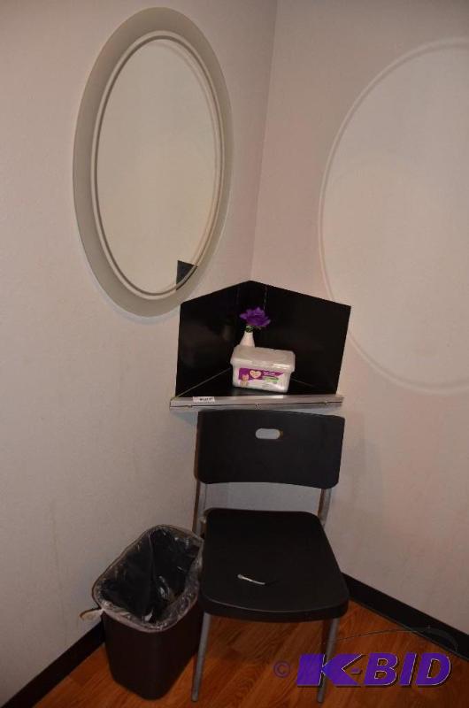 lot 56 image: Mirror 23x 31", chair, corner shelf, whi...