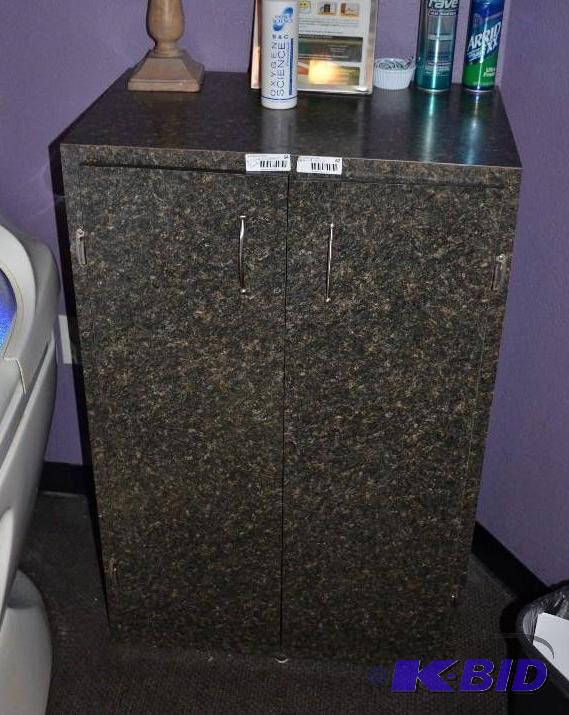 lot 62 image: Wood cabinet 27x18x42". contents not inc...