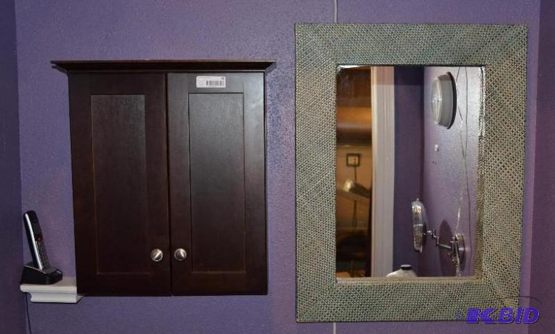 lot 66 image: Mirror 22x30", wood wall cabinet 22x6x20...