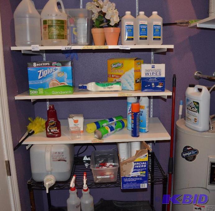 lot 76 image: Cleaning supplies pictured, shelves are not i...