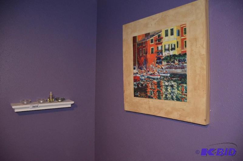 lot 97 image: White wood shelf & contents, art print 24...
