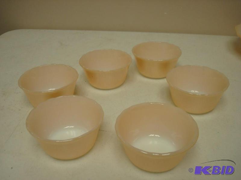 lot 87 image: Lot Of Peach Luster Fire King Glass Ware Bowl...
