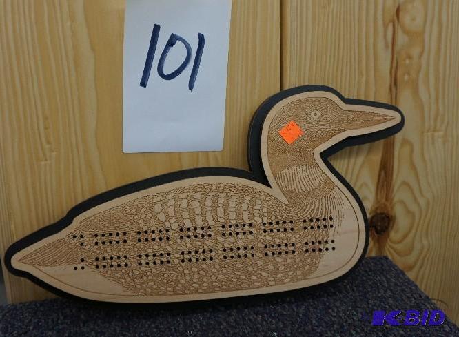lot 101 image: Wood Carved Loon Cribbage Board Brand New...