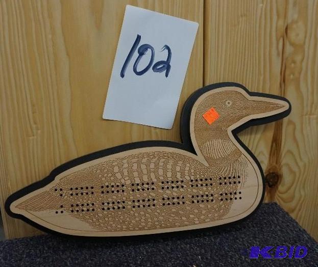 lot 102 image: Wood Carved Loon Cribbage Board Brand New...
