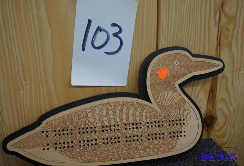 lot 103 image: Wood Carved Loon Cribbage Board Brand New...
