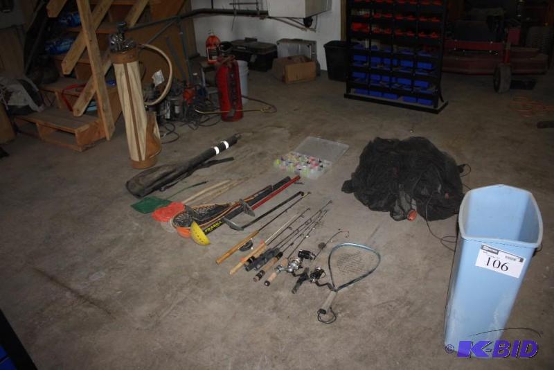 Floor Lot Including Fishing Poles Fishing Nets Tackle Box Golf Clubs And More.