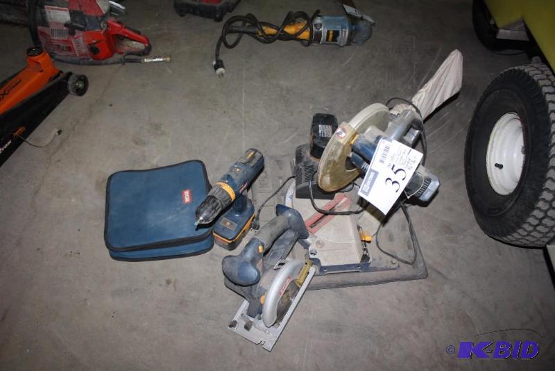 Lot of Ryobi 18V Cordless Tools Including Chop Saw Circular Saw Drill Battery Charger Corded