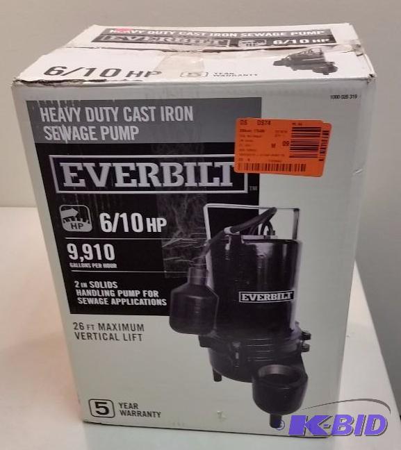 lot 19 image: Everbilt 610 HP Cast Iron Pump. Used customer Return. Tested Works