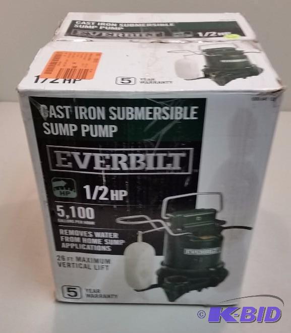 lot 20 image: Everbilt 12 HP Submersible Cast Iron Pump.  Used Customer Return Tested Powers on.
