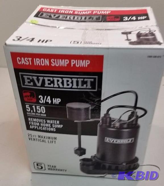 lot 21 image: Everbilt 34 HP Professional Sump Pump.  Used Customer Return.  Tested Works.
