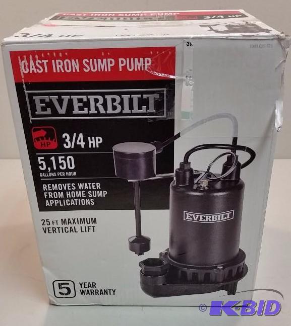 lot 22 image: Everbilt 34 HP Professional Sump Pump.  Used Customer Return.  Tested Works.