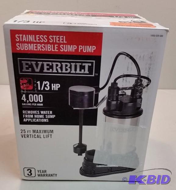 lot 25 image: Everbilt 13 HP Submersible Sump Pump.  New in Box.  Tested Works.