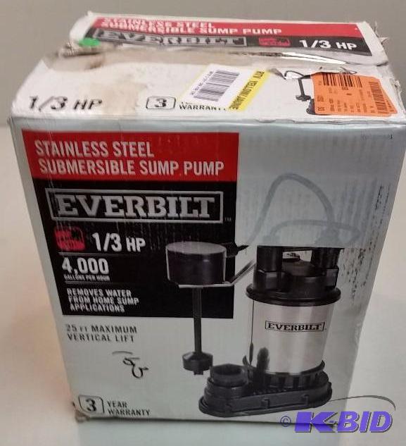 lot 26 image: Everbilt 13 HP Submersible Sump Pump.  Used Customer Return.  Tested Works.