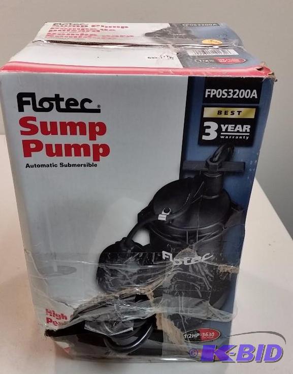 lot 27 image: Flotec 12 HP Automatic Submersible Sump Pump.  Damaged box.  Customer Return.  Tested Works