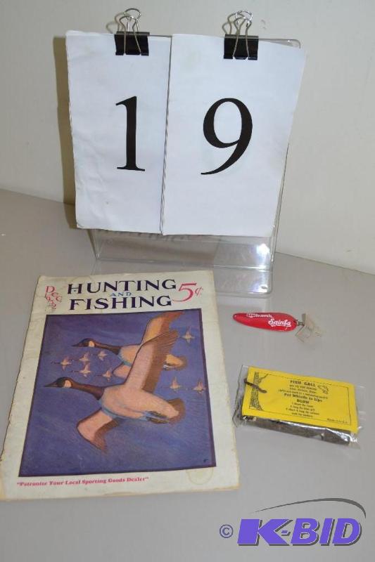 lot 19 image: 1932 Hunting & Fishing magazine, fish whistle, lure