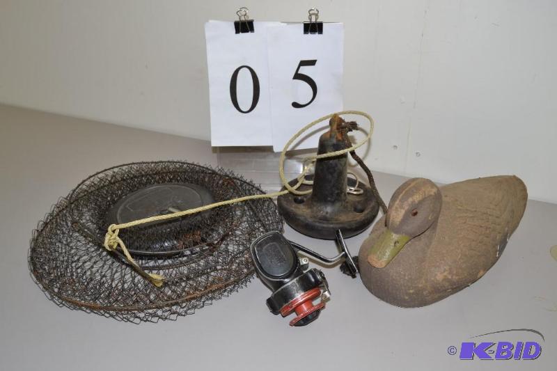 lot 5 image: Pflueger fishing reel, duck decoy