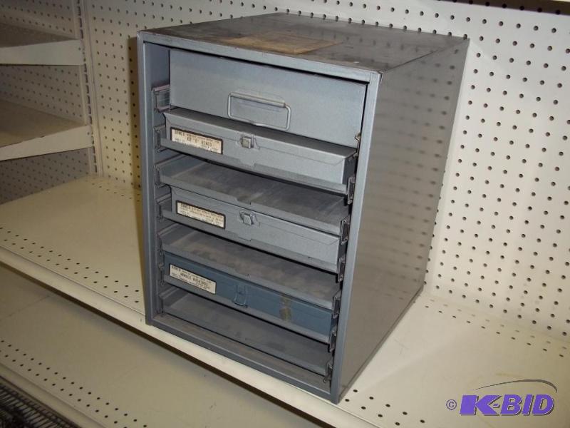 lot 279 image: Faucet repair parts bins with metal case, pul...