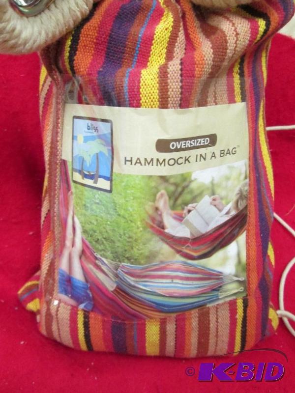 lot 221 image: Oversized Hammock in a bag 65" L X 60&q...