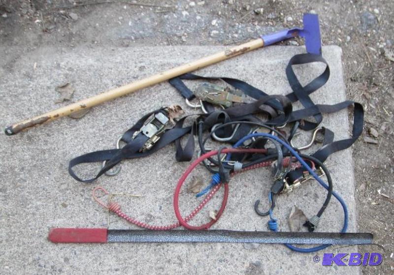 Lot of bungee cords and starps, small hoe, to...