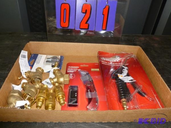lot 21 image: Flat of tools and brass valves. As shown. Ter...