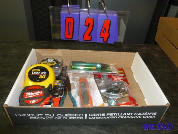 lot 24 image: Flat of tape measure, flaring tool and misc. ...