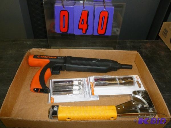 lot 40 image: Flat of tools with tacker and ram set nailer....