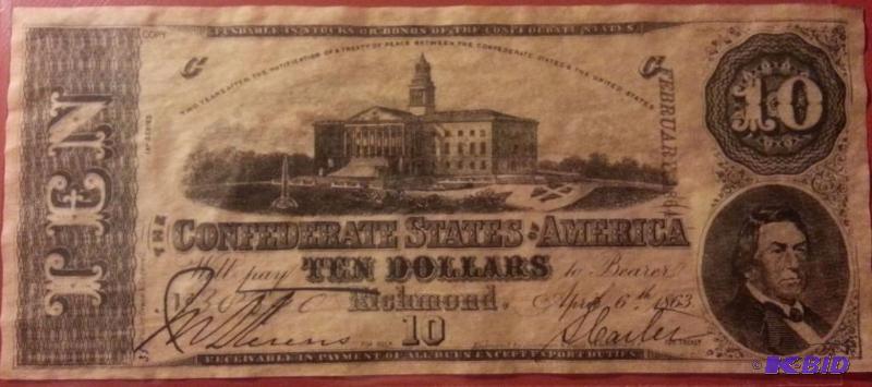 1863 CONFEDERATE STATES OF AMERICA 10 DOLLAR ...