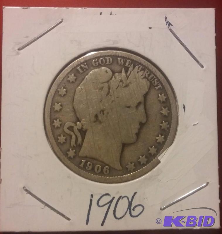 1906 BARBER HALF DOLLAR, 90% SILVER...