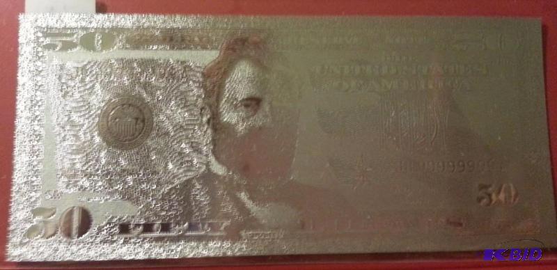 50 DOLLAR SILVER BILL, PURE .999 SILVER PRESS...