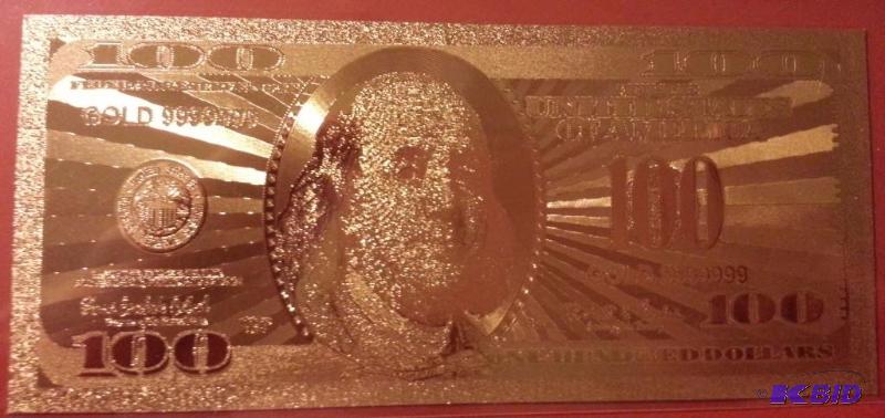 100 DOLLAR GOLD BILL, PURE 24K GOLD PRESSED O...