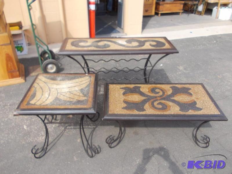 lot 13 image: 3 Piece Metal Base Table Set With Mosaic Look...