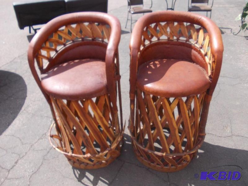 lot 2 image: Pair RattanLeather Bar Stools With Woven Woo...
